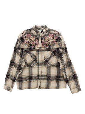 Sundance Embroidered Plaid Shirt Pearl Snap Ruffled Neckline Relaxed Fit SMALL